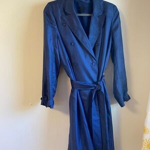 J Crew duster that’s Navy with white polka dots.  Hits below the knee.